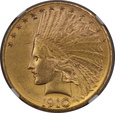 USA, 10 Dolarów Indian Head 1910 D rok, NGC