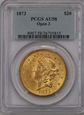 USA, 20 Dolarów Liberty Head 1873 rok Open 3, AU 58 PCGS