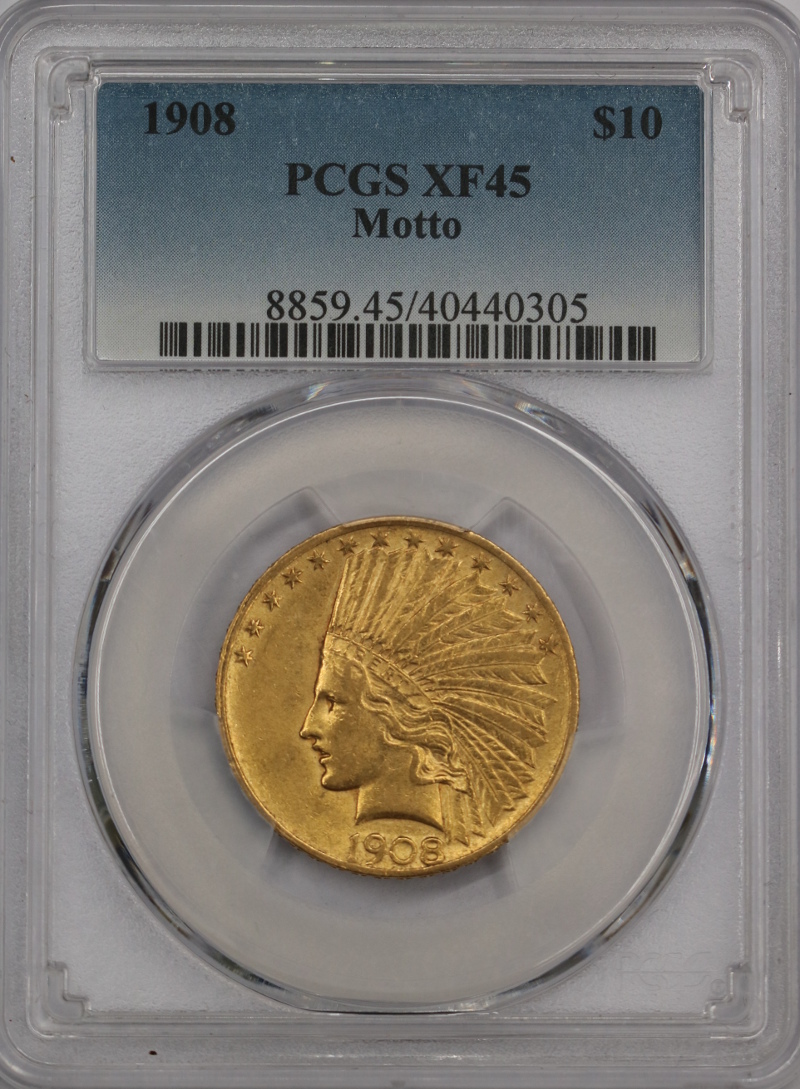 USA, 10 dolarów Indian Head 1908 MOTTO rok, PCGS XF 45