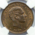 299. Hiszpania, 5 centimos 1877 OM, Alfonso XII, NGC MS64 RB