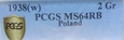 Polska - 2 Grosze 1938 - PCGS - MS64 RB
