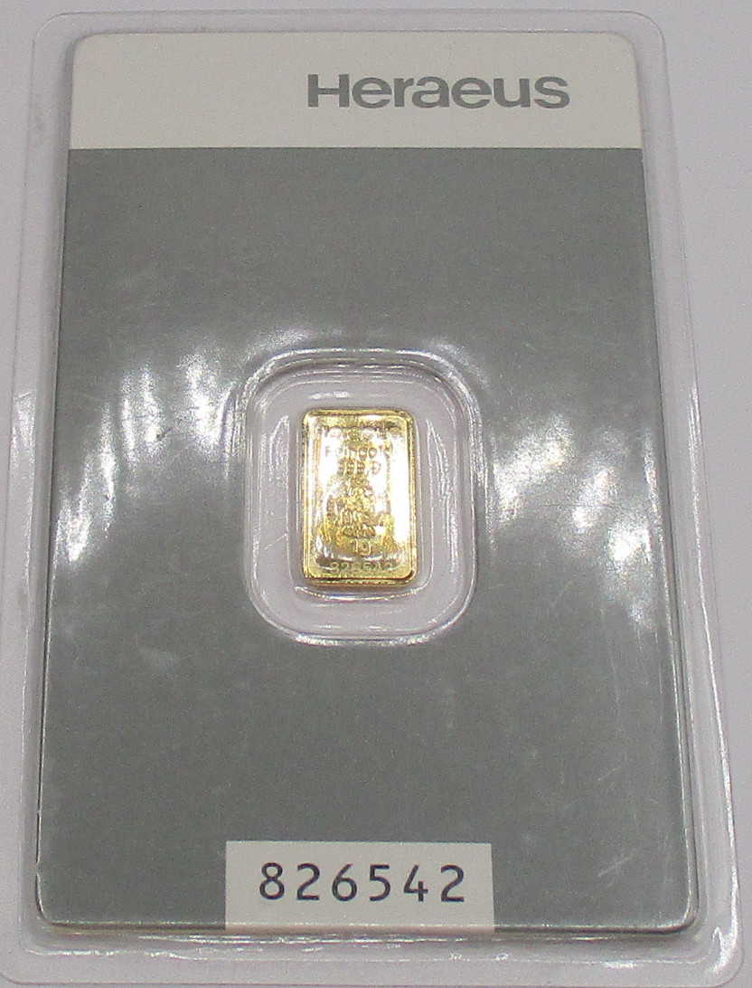 HERAEUS Kinebar sztabka 1 g gram Au 9999 złota hologram