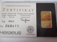 SZTABKA złota hologram KINEBAR Heraeus 2 g gram Au 9999 złota