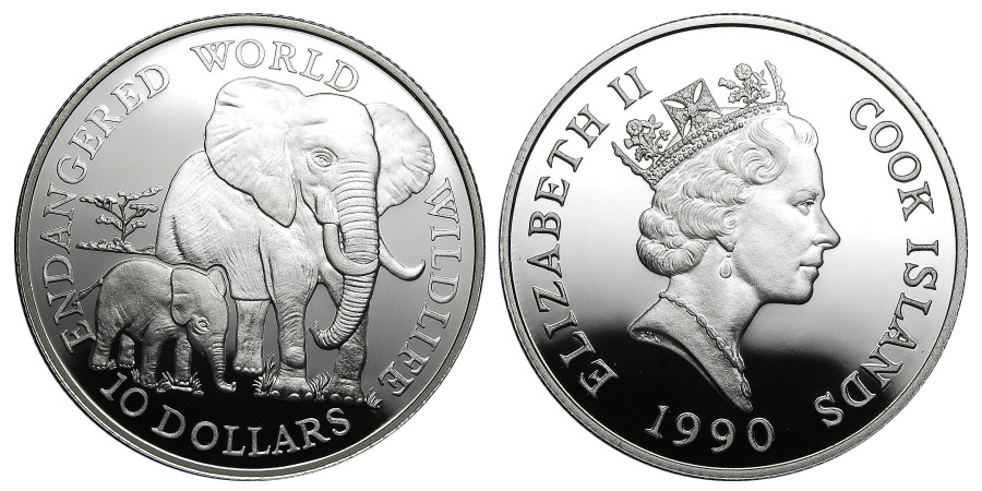 10 Dolarów Cook Island  1990 Endangered World Elephant Słonie 