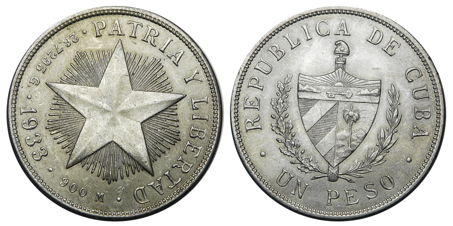 1 Peso Kuba 1933 Republica de Cuba Un Peso partia Y Libertad 