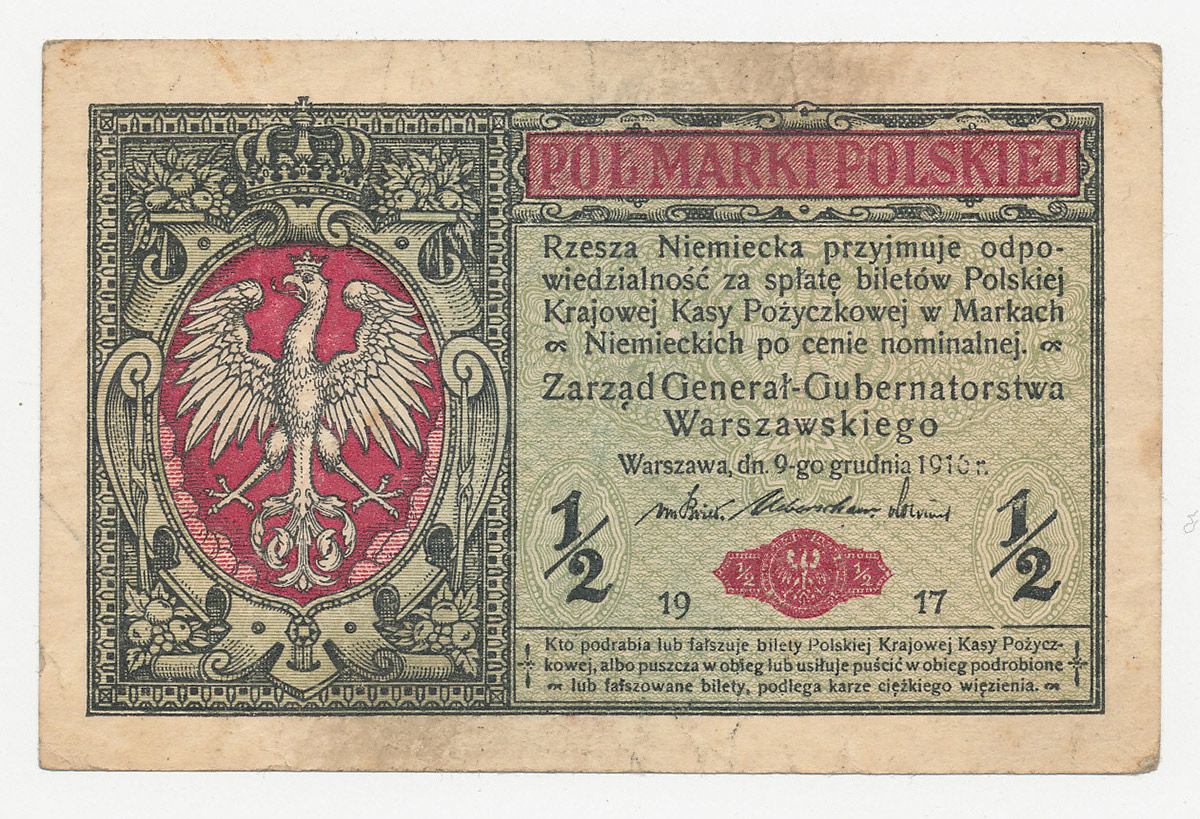 Polska Banknot 1/2 Marki Polskiej 1917