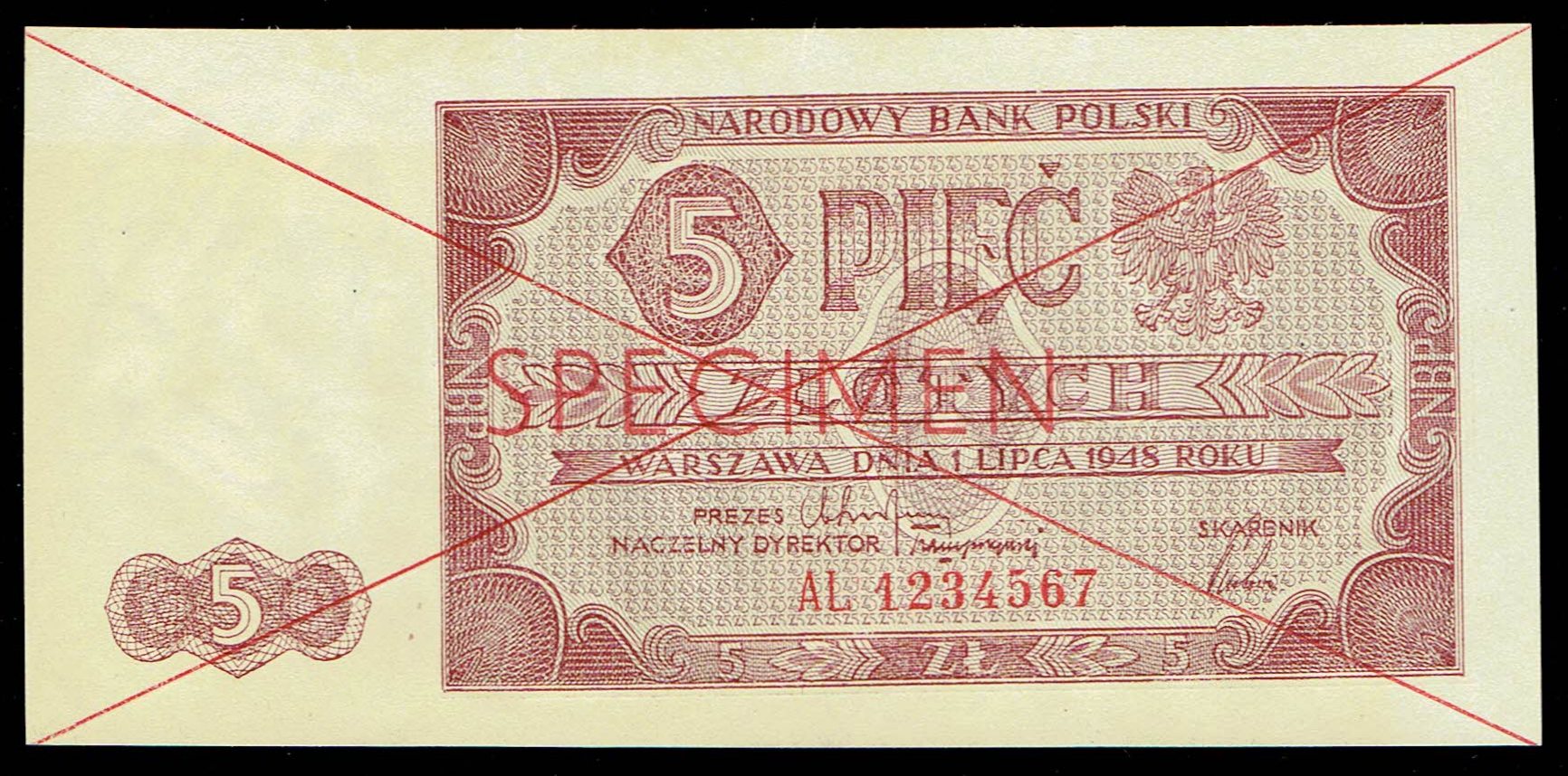 MUS- SPECIMEN, 5 złotych 1948, seria AL st.-1.