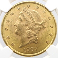 426 .USA, 20 Dolarów, Liberty Head 1907 rok NGC MS63