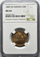 (D) SZWECJA, 20 koron 1889, NGC MS64