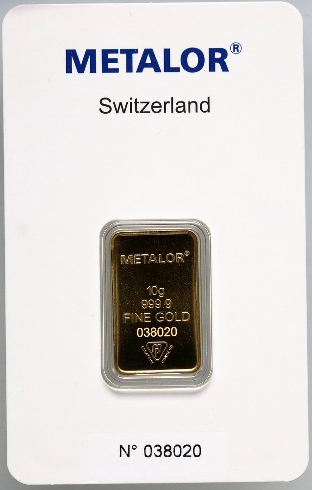 Szwajcaria, złota sztabka, 10 g Au999, Metalor