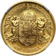 Węgry, Franciszek Józef I, 100 koron 1908, Nowe bicie, NGC MS66