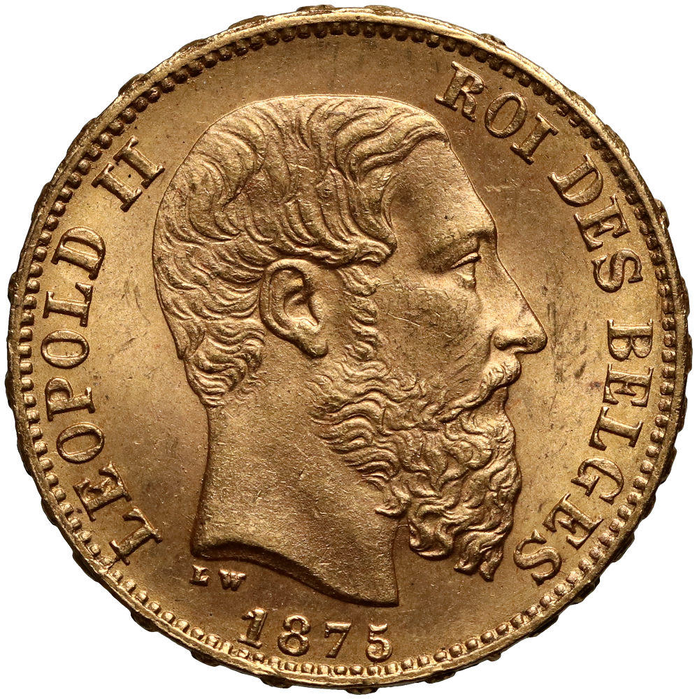 6. Belgia, Leopold II, 20 franków 1875
