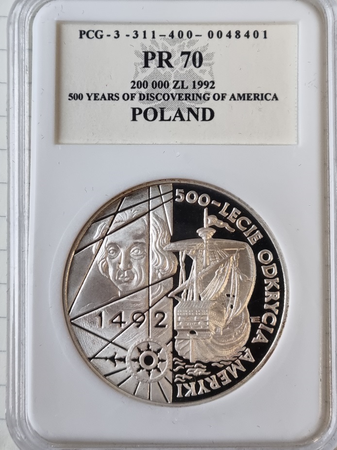 200000 zł (1992)-500.lat odkrycia Ameryki PR70 PCG