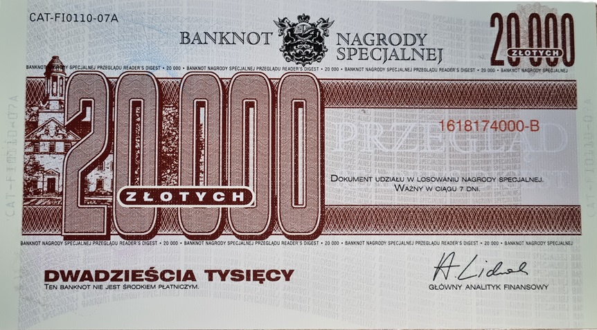 20000 zł Banknot nagrody specjalnej Reader's Digest - seria B