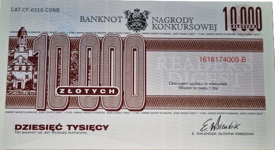 10000 zł Banknot nagrody konkursowej Reader's Digest - seria B