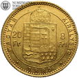 Węgry, 20 franków / 8 forintów, 1885 rok, złoto, st. 2-, #MW