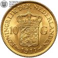 Holandia, Wilhelmina, 10 guldenów 1917, złoto, st. 1/1-