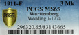 Niemcy, 3 marki 1911, Wuerttemberg, PCGS MS65