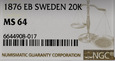 S705 Szwecja, 20 koron 1876, Oskar II, NGC MS64