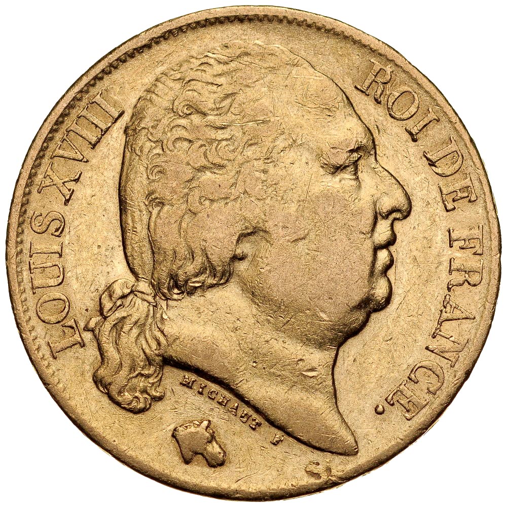B286. Francja, 20 franków 1818 A, Ludwik XVIII, st 3+
