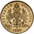 c36. Austria, 20 franków, 8 Florenów 1892, Franz Josef, st 1, NB