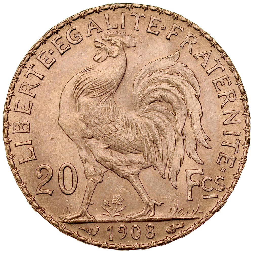 B7. Francja, 20 franków 1908, Kogut, st 1-