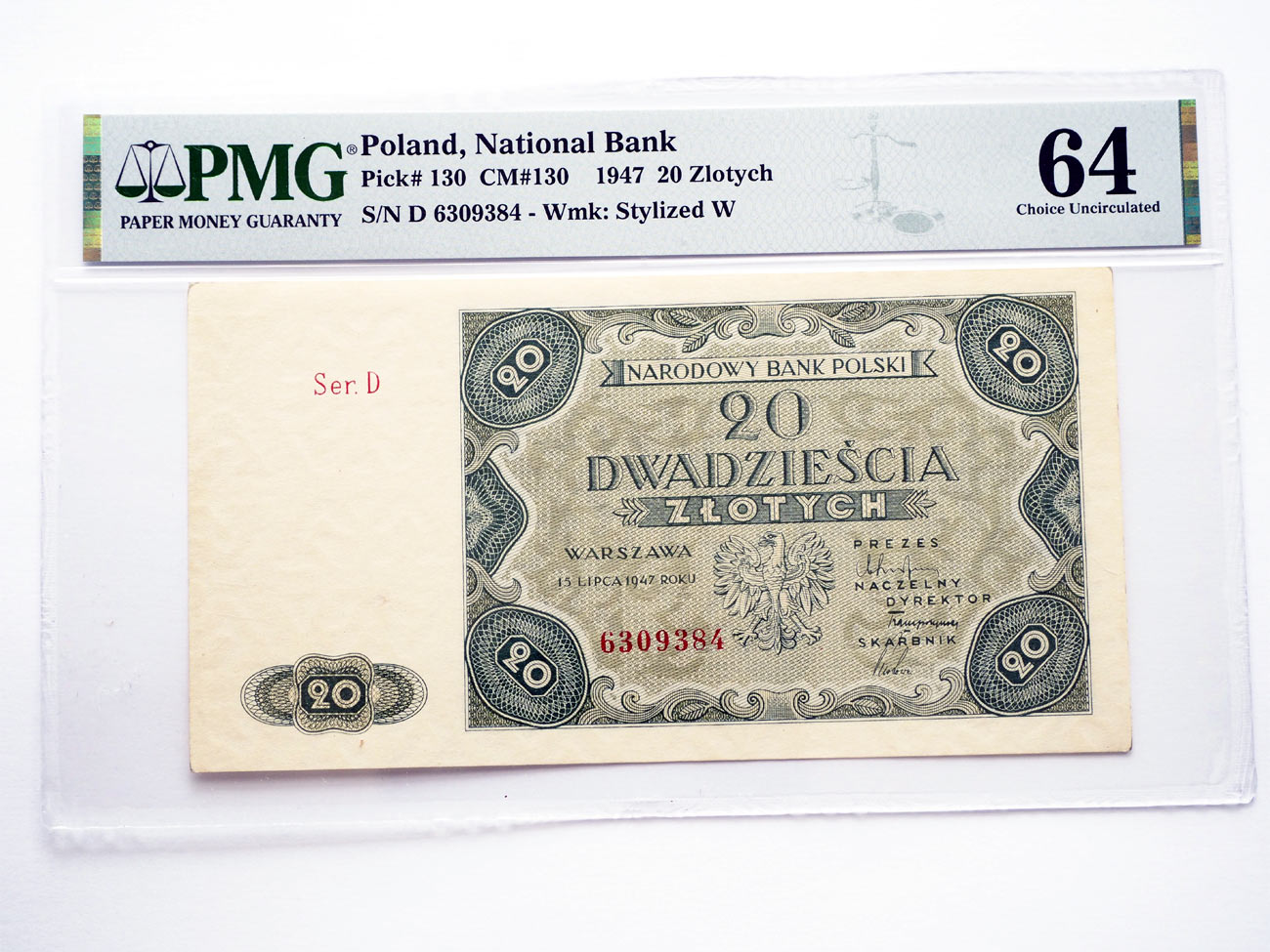 B0320 20 Złotych 1947 rok Polska (D) PMG 64