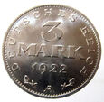 U22037-S5  NIEMCY 3 MARKI 1922 A  BEZ NAPISU  UNC