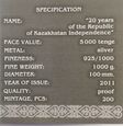 Kazachstan 5000 tenge 20-LECIE NIEPODLEGŁOŚCI - 1 kilogram srebra