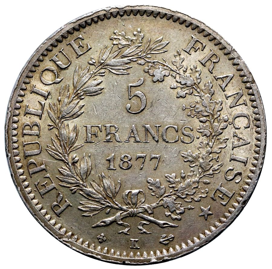 43. Francja, 5 franków 1877 K, Herkules