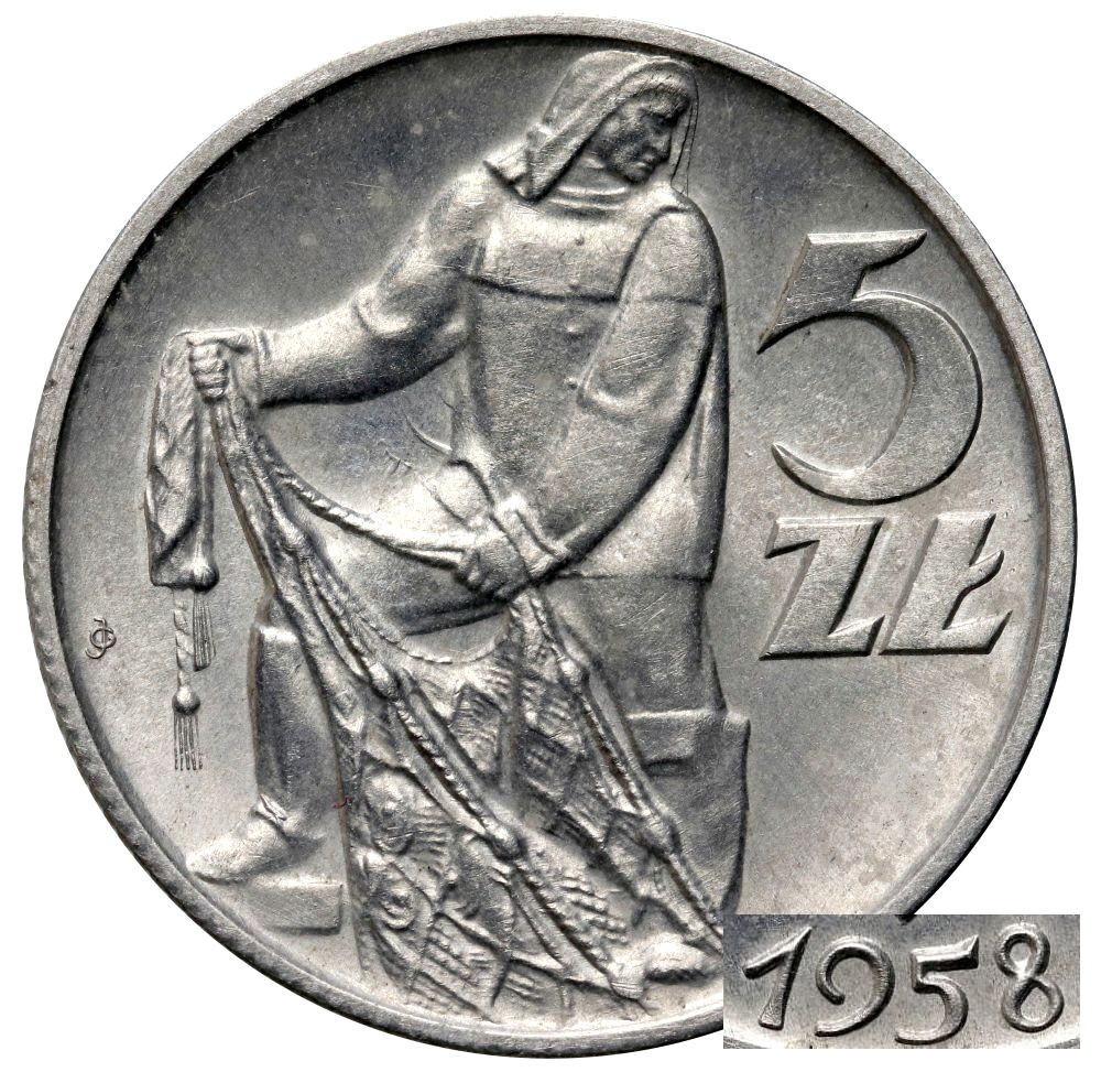 39. Polska, PRL, 5 złotych 1958, Rybak, wąska ósemka i słoneczko