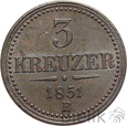 Austria, 3 krajcary, 1851 B, Franciszek Józef I