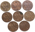 B508. Polska, 8x 5 groszy 1923, 1925, 1928, 1930, 1931, 1935, 1936