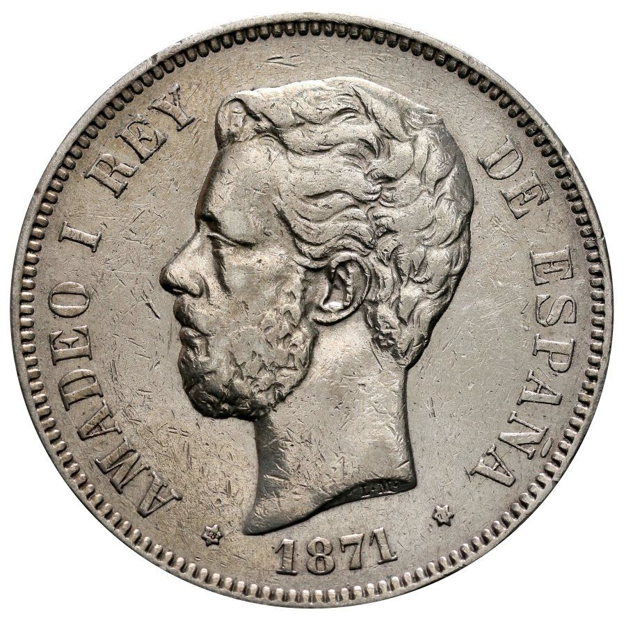 127. Hiszpania, Amadeusz I, 5 peset 1871, odmiana 18 i 71 w gwiazdkach