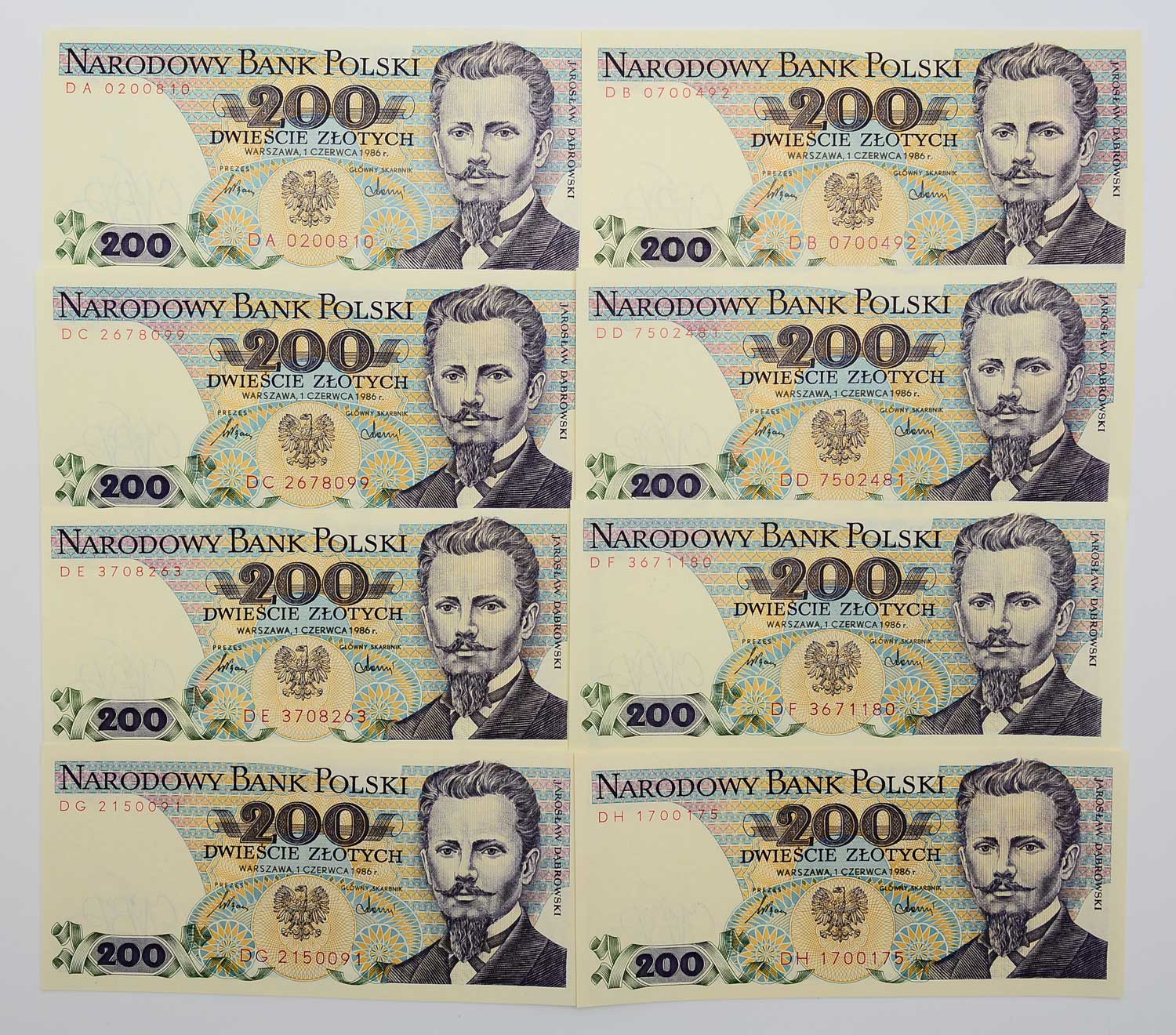 2.aa.PRL, Zest.Banknotów 200 Złotych 1986 Komplet Serii DA - DZ