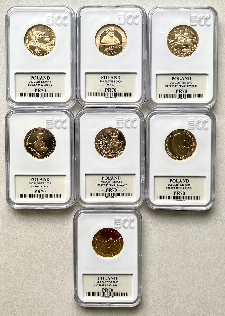 Ciekawy zestaw złotych monet 7 x 200 zł NBP 2004-2010 GCN PR70