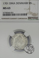 Skandynawia, Dania, 8 skillingów, 1701, Fryderyk IV, NGC MS 63