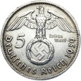 Niemcy - III Rzesza - 5 Marek 1939 B - HINDENBURG SWASTYKA - Srebro