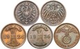 Niemcy - zestaw 5 monet - 2 Pfennig 1873-1940 - RÓŻNE TYPY
