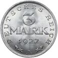 Niemcy - Weimar - 3 Marki 1922 A - MENNICZA Z ROLKI
