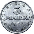 Niemcy - Weimar - moneta - 3 Marki 1922 G - UNC - MENNICZA Z ROLKI