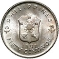 Filipiny - 50 Centavos 1947 S - Gen. Douglas MacArthur Srebro STAN !