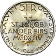 Szwajcaria 5 Franków 1944 B Bitwa pod St. Jakob - Srebro - Stan UNC