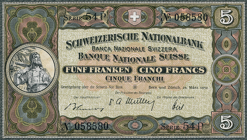 Szwajcaria - 5 franków 1952 * P11p * Wilhelm Tell * UNC